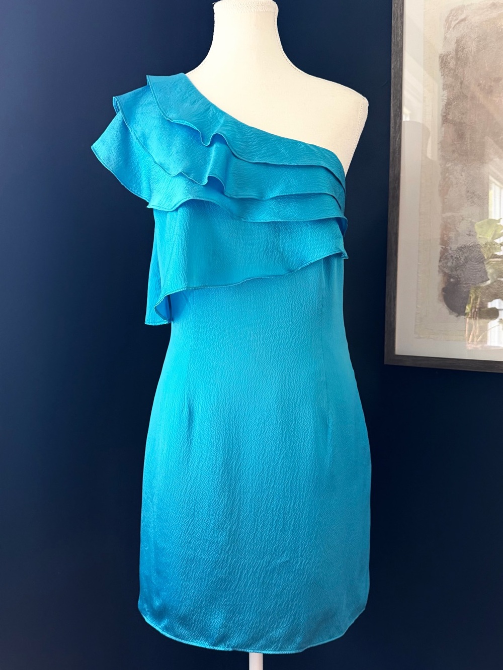 Black Halo 100% Silk One Shoulder Ruffle Mini Dress Turquoise Blue | Size 2